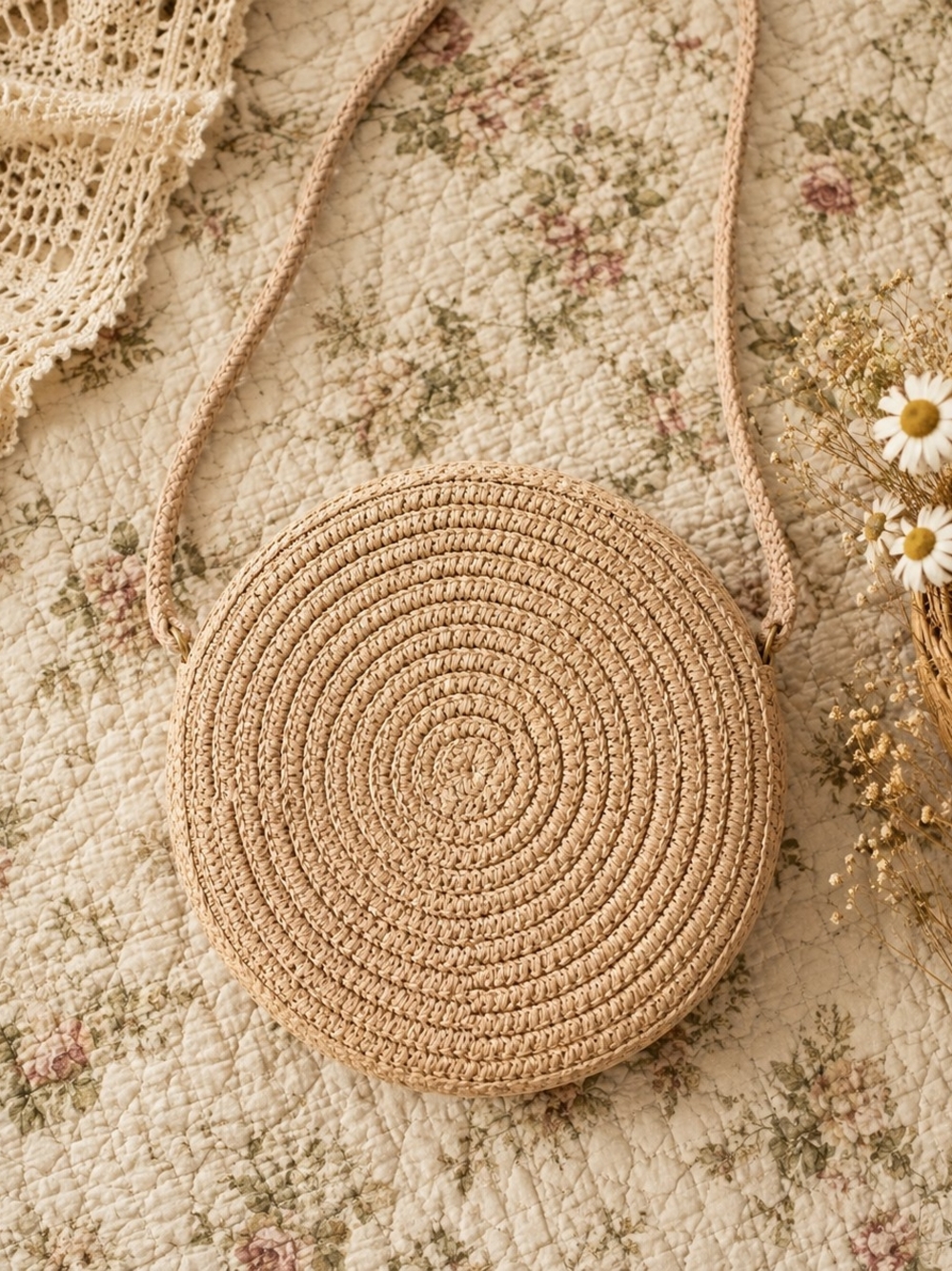 Round Straw Crossbody Bag Boho Neutral Purse
